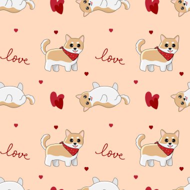Shiba inu ve kalpleri olan kusursuz bir patt. Ambalaj kağıtları, tebrik kartları ve mevsimlik tasarımlar için arka plan. Sevgililer günün kutlu olsun..