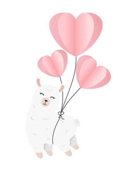 情人节卡片 上面有可爱的羊驼和气球 剪纸风格 — 图库矢量图片