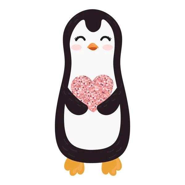 Ilustracja Wektorowa Pingwinem Trzymającym Serce Realistycznym Różowym Pyłem Brokatowym Szczęśliwych — Wektor stockowy