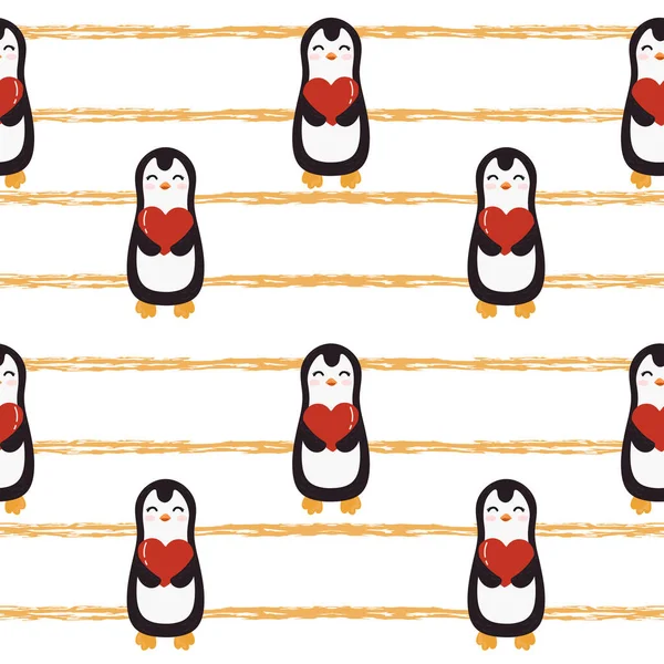 Płynny Wzór Żółtymi Paskami Grunge Pingwinami Walentynki Tle Wektorowe Tło — Wektor stockowy
