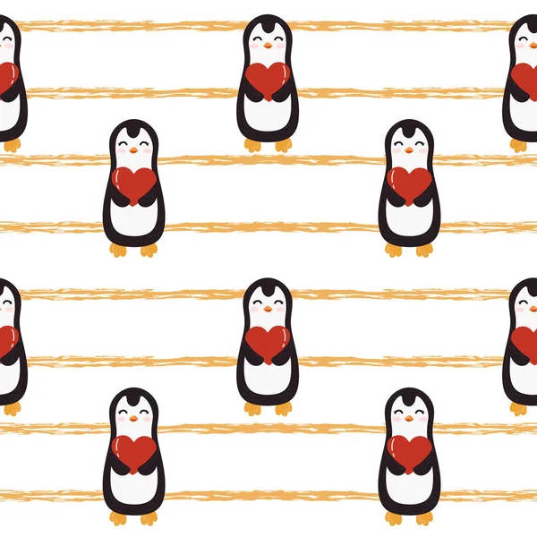 Seamless pattern with yellow grunge stripes and penguins. Valentines day background. Vector background design for fabric and decor.