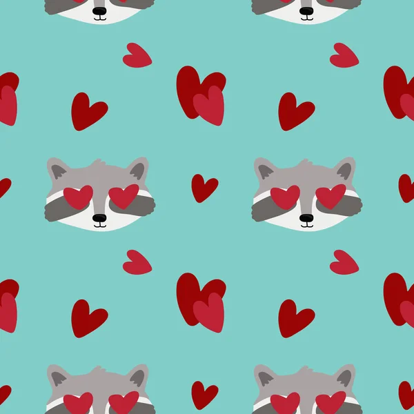 Seamless Pattern Raccoons Hearts Background Wrapping Paper Textile Posters Cards — Stock Vector