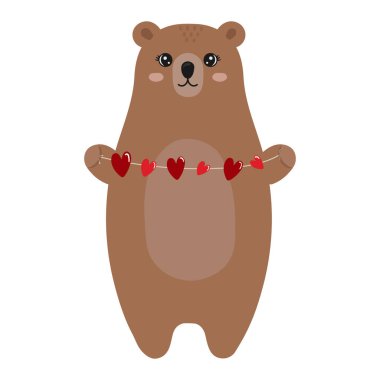 Cute bear holding a garland of hearts. Happy Valentine's Day. Funny animal isolated on white background.