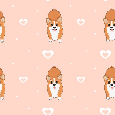 Korgis ve kalplerle kusursuz desen. Ambalaj kağıdı, tebrik kartları ve mevsimlik tasarım için arka plan. Sevgililer Günün kutlu olsun..