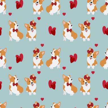 Korgis ve kalplerle kusursuz desen. Ambalaj kağıtları, tebrik kartları ve mevsimlik tasarımlar için arka plan. Sevgililer günün kutlu olsun..