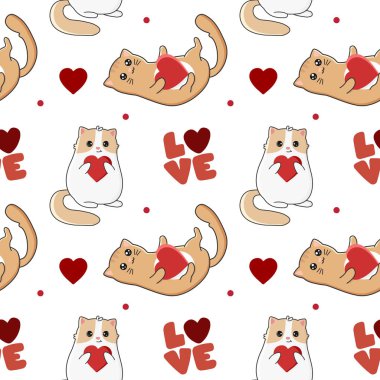 Sevimli kediler ve kalplerle kusursuz desen. Paketleme, ambalaj kağıdı, tekstil vb. için mükemmel tasarım..