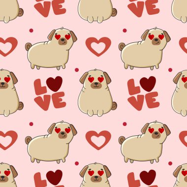Şirin köpek cinsi pug ve pembe arka planda kalpleri olan kusursuz desen. Paketleme, ambalaj kağıdı, tekstil vb için mükemmel tasarım..