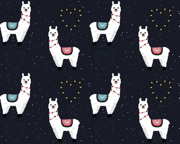 Seamless Pattern Cute Llamas Starry Space Background Background Wrapping Paper — стоковый вектор