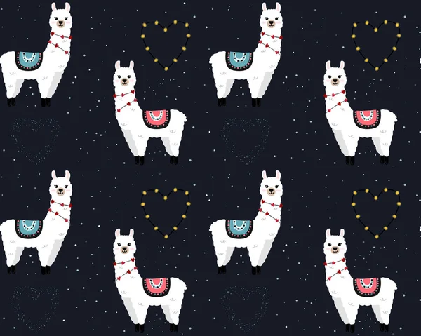 Seamless pattern with cute llamas on starry space background. Background for wrapping paper,  greeting cards and seasonal designs. Happy Valentine's day.
