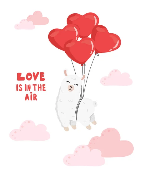 气球上有可爱的羊驼情人节快乐贺卡 爱就在空气中 — 图库矢量图片