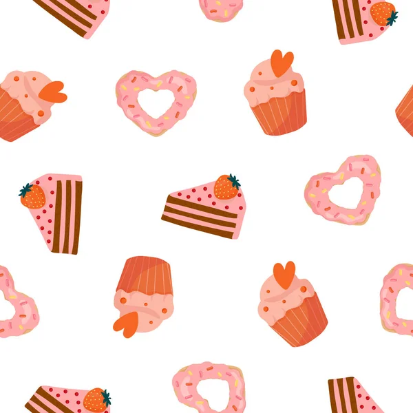 Seamless Pattern Cartoon Heart Shaped Donut Muffin Cake Background Wrapping — 图库矢量图片