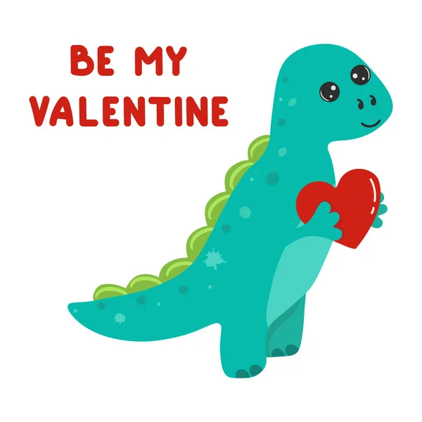 Ilustracja Uroczego Kreskówkowego Dinozaura Sercem Szczęśliwych Walentynek Bądź Moją Walentynką — Wektor stockowy