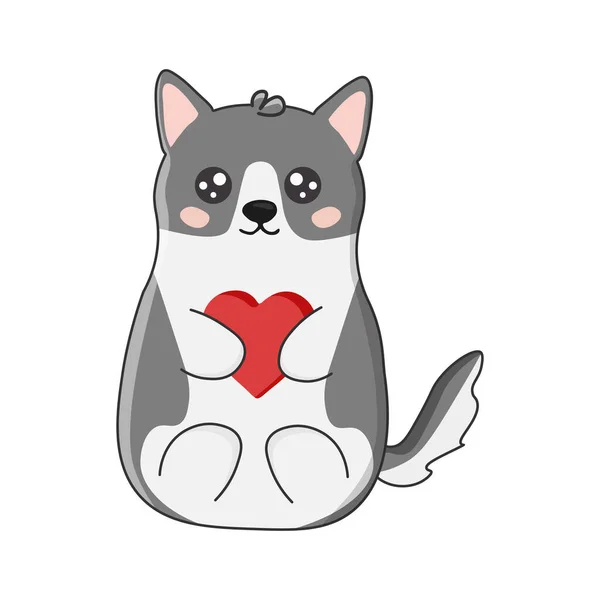 Carino Husky Con Cuore Stile Cartone Animato Illustrazione Vettoriale Isolata — Vettoriale Stock
