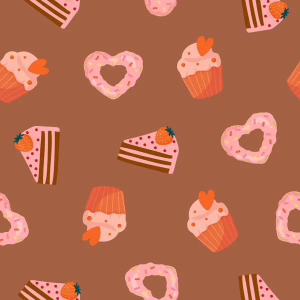 漫画のハート型のドーナツ マフィン ケーキとシームレスなパターン 包装紙 ポスター カードの背景 — ストックベクタ
