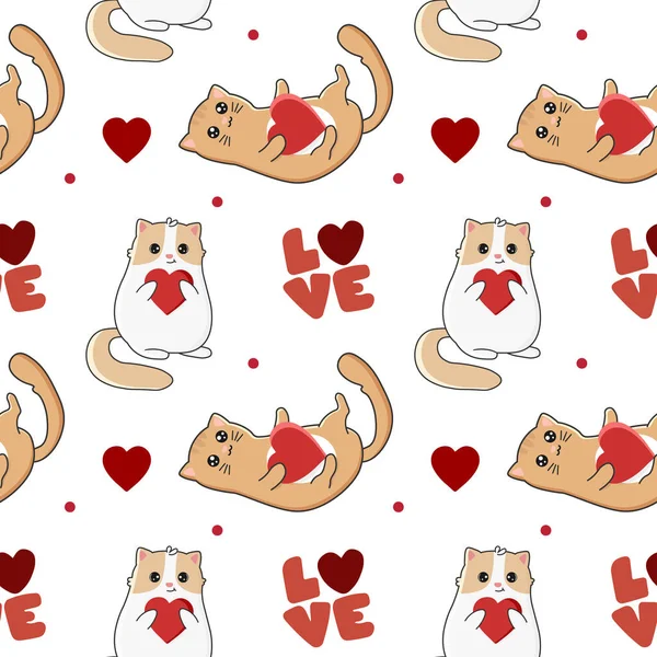 Sevimli Kediler Kalplerle Kusursuz Desen Paketleme Ambalaj Kağıdı Tekstil Için — Stok Vektör