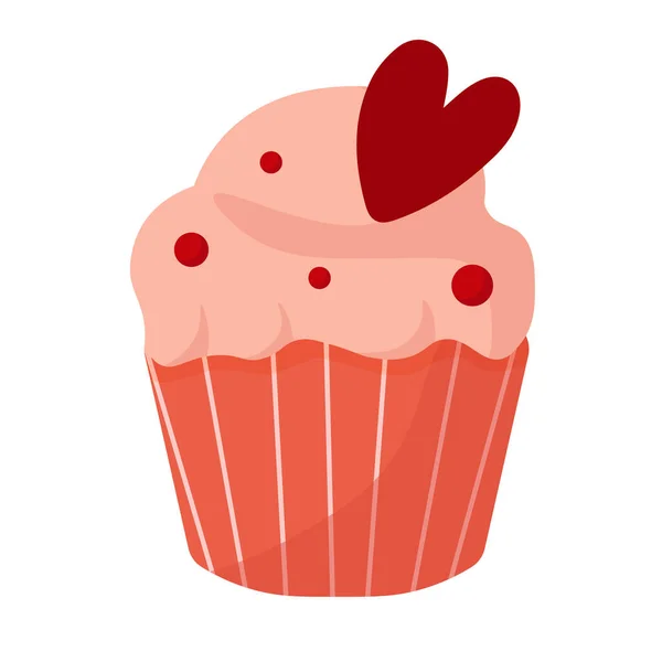 Zoete Muffin Aardbeienmuffin Met Hart Liefde Valentijnsdag Concept Illustratie Geïsoleerd — Stockvector