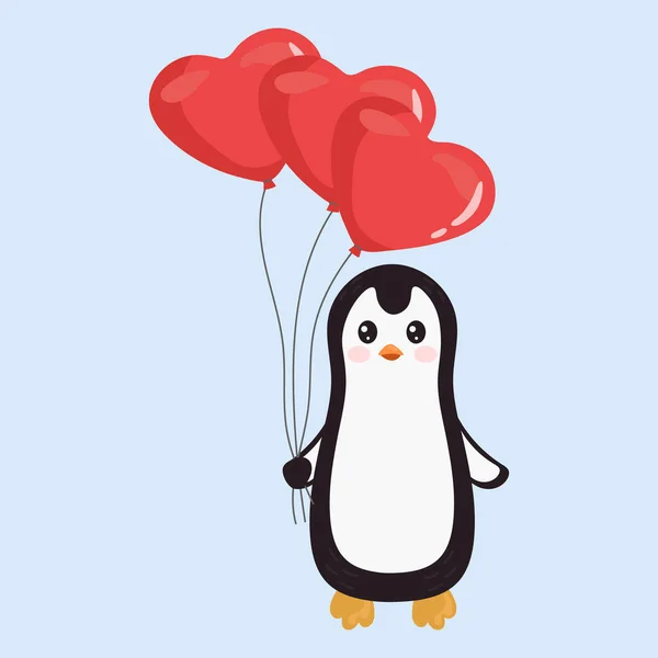 Cute Cartoon Penguin Balloons Happy Valentine Day Greeting Card Illustration — Vetor de Stock