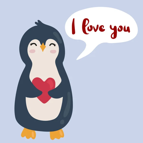 Lindo Pingüino Dibujos Animados Sosteniendo Corazón Feliz Tarjeta Felicitación Del — Vector de stock