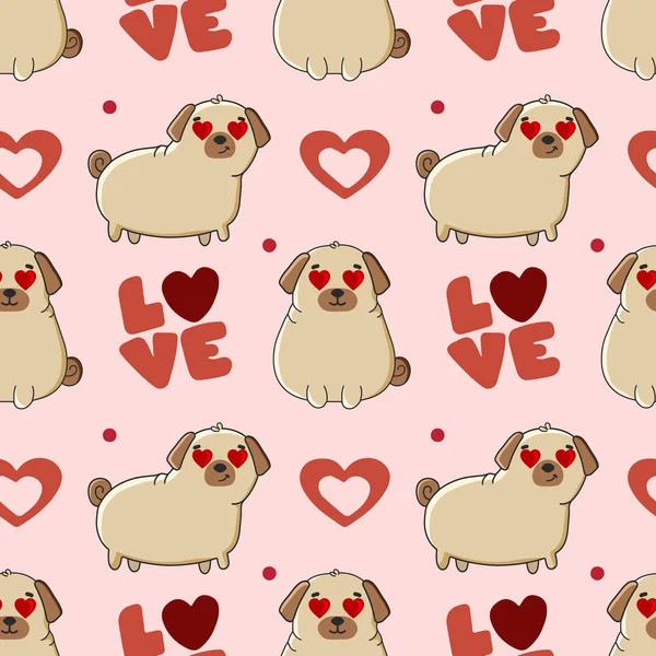 Şirin köpek cinsi pug ve pembe arka planda kalpleri olan kusursuz desen. Paketleme, ambalaj kağıdı, tekstil vb için mükemmel tasarım..