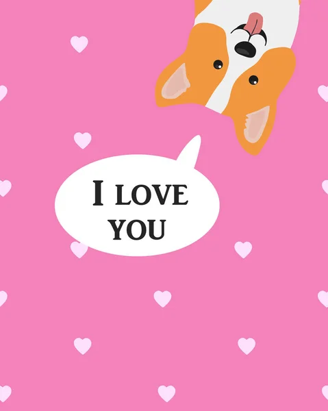心と私はあなたを愛して碑文とかわいい漫画のウェルシュコーギー ハッピーバレンタインの日のグリーティングカード ベクターイラスト — ストックベクタ