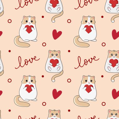 Sevimli kedileri ve kalpleri olan kusursuz bir desen. Paketleme, ambalaj kağıdı, tekstil vs. için mükemmel tasarım.