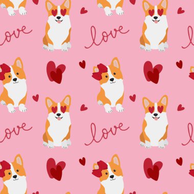 Korgis ve kalplerle kusursuz desen. Ambalaj kağıtları, tebrik kartları ve mevsimlik tasarımlar için arka plan. Sevgililer günün kutlu olsun..