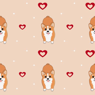 Korgis ve kalplerle kusursuz desen. Ambalaj kağıdı, tebrik kartları ve mevsimlik tasarım için arka plan. Sevgililer Günün kutlu olsun..