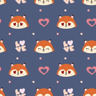 Tilkilerle kusursuz bir düzen, mavi arka planda kalpler. Ambalaj kağıdı, tekstil, posterler, kartlar için arka plan. Sevgililer Günün kutlu olsun..