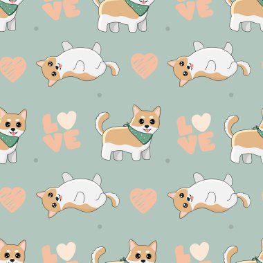 Shiba inu ve kalpleri olan kusursuz bir patt. Ambalaj kağıtları, tebrik kartları ve mevsimlik tasarımlar için arka plan. Sevgililer günün kutlu olsun..