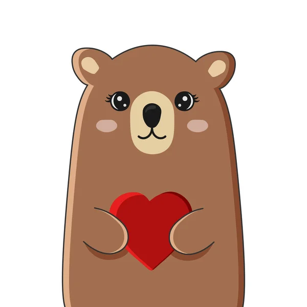 Cute Cartoon Bear Holding Heart Valentine Greeting Card Vector Illustration — Vetor de Stock