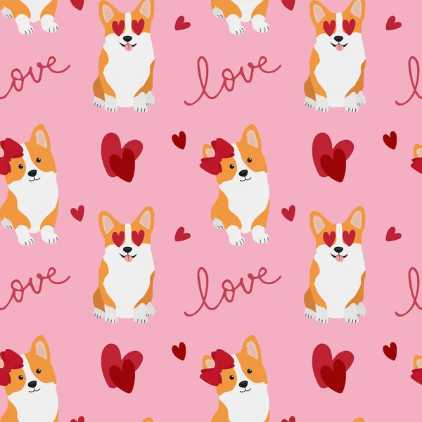 Seamless Pattern Corgis Hearts Background Wrapping Paper Greeting Cards Seasonal — Stock Vector