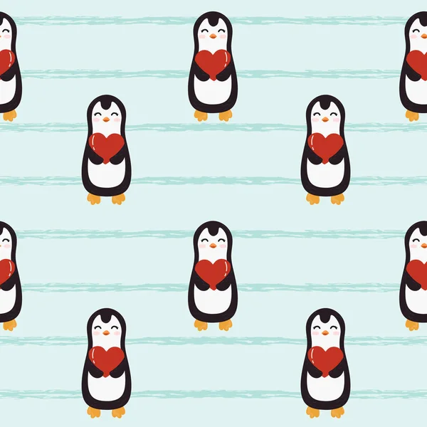 Seamless Pattern Blue Grunge Stripes Penguins Valentines Day Background Vector — Wektor stockowy