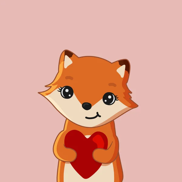 Cute Cartoon Fox Holding Heart Valentine Greeting Card Vector Illustration — Vetor de Stock