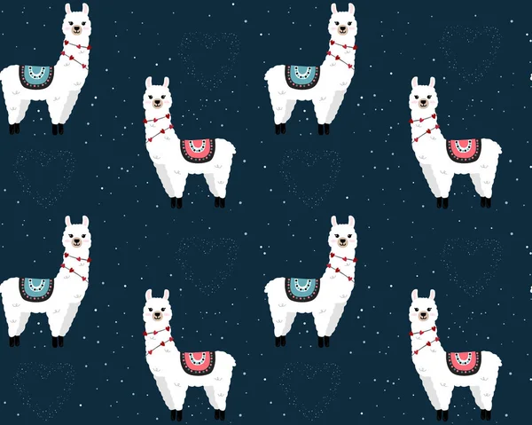 Seamless Pattern Cute Llamas Starry Space Background Background Wrapping Paper — Vetor de Stock
