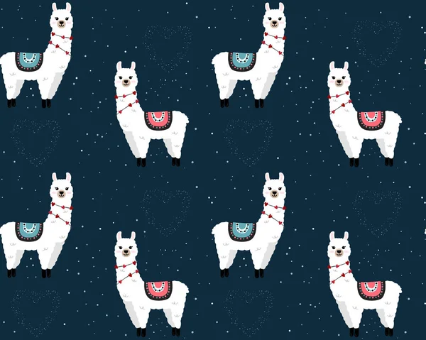 Seamless pattern with cute llamas on starry space background. Background for wrapping paper,  greeting cards and seasonal designs. Happy Valentine's day.