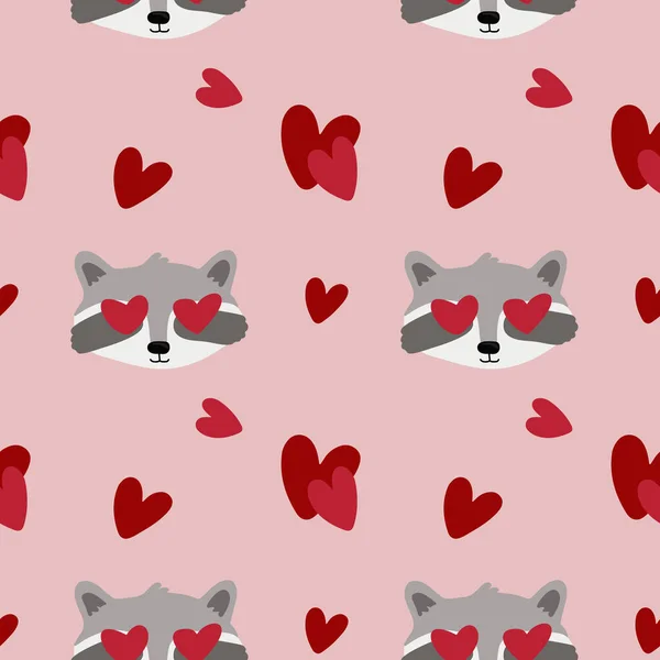 Seamless Pattern Raccoons Hearts Background Wrapping Paper Textile Posters Cards — Stock Vector