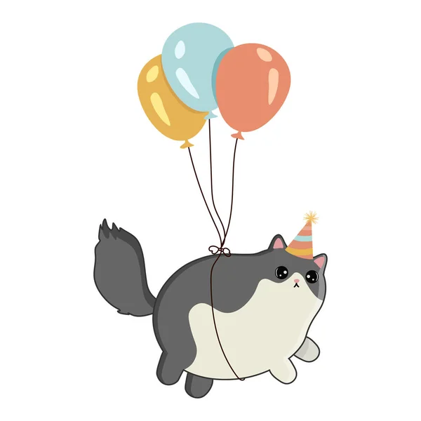 Tecknad Fet Katt Bunden Till Ballong Grattis Födelsedagen Gratulationskort — Stock vektor