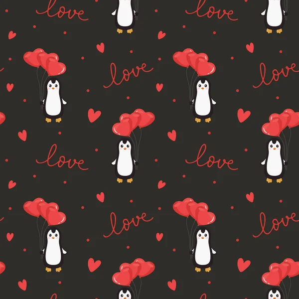 Seamless Pattern Penguin Balloons Hearts Background Wrapping Paper Textile Posters — Stock Vector