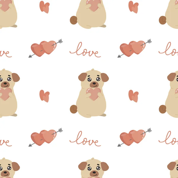 Seamless Pattern Cute Dog Breed Pug Hearts Excellent Design Packaging — Stock Vector