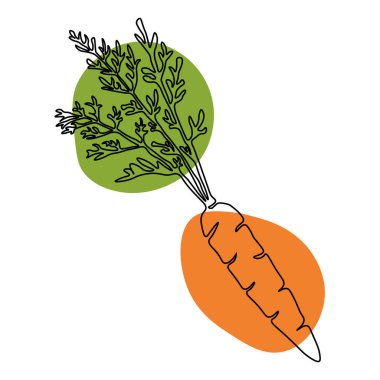 Continuous one line drawing carrot. Vector illustration. Black line art on white background with colorful spots. Cartoon carrot isolated on white background. Vegan concept