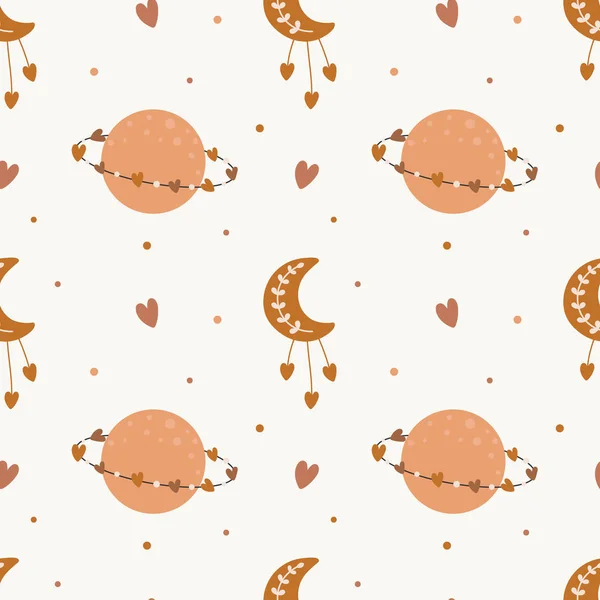 Seamless pattern with moon, planet and hearts. Background for wrapping paper, greeting cards and seasonal designs. Happy Valentine's day.