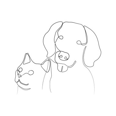 Şirin kedi ve köpek suratlı sürekli bir çizgi. Beyaz arka planda çağdaş vektör çizimi. Beyaz arkaplanda siyah çizgi sanatı.