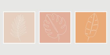 Bir sıra tropik palmiye yaprağı çizimi. Modern tek satır sanatı. Baskı, kapak, duvar kağıdı, asgari ve doğal duvar sanatı için soyut bitki sanatı tasarımı. Pastel renkler.