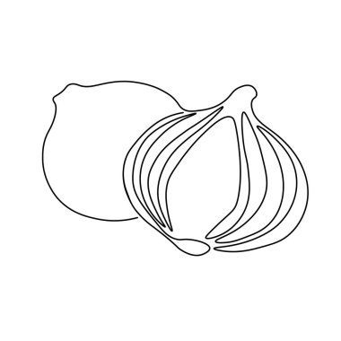 Soğan çizmeye devam et. Vektör çizimi. Beyaz arka planda siyah çizgi sanatı. Beyaz arka planda karikatür soğanı izole edilmiş. Vegan kavramı