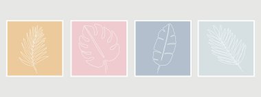 Bir sıra tropik palmiye yaprağı çizimi. Modern tek satır sanatı. Baskı, kapak, duvar kağıdı, asgari ve doğal duvar sanatı için soyut bitki sanatı tasarımı.