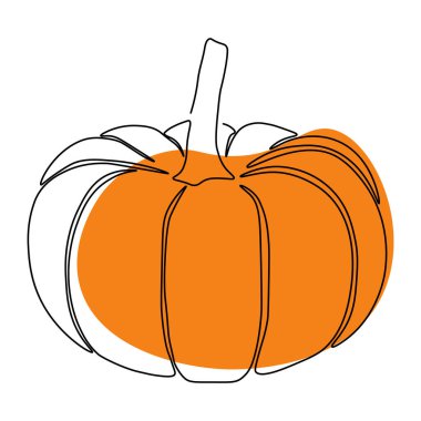 Balkabağı çizmeye devam et. Vektör çizimi. Beyaz arka planda siyah çizgi sanatı. Beyaz arka planda renkli lekeleri olan karikatür balkabağı. Vegan kavramı