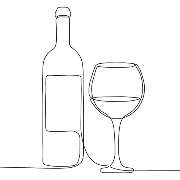 Continuous One Line Drawing Bottle Glass Wine Isolated White Background — Stock Vector