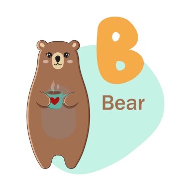 Hayvanlar alfabesi. Beyaz arka planda izole edilmiş şirin ayı. Çocuklara yabancı dil öğretmek için vektör illüstrasyonu.