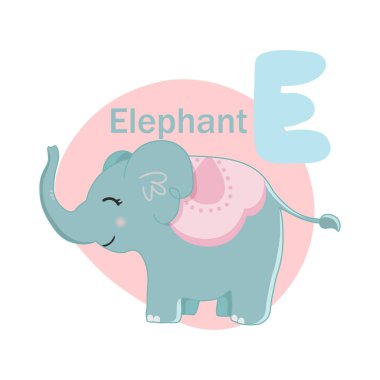 Hayvanlar alfabesi. Beyaz arka planda şirin bir fil var. Çocuklara yabancı dil öğretmek için vektör illüstrasyonu.