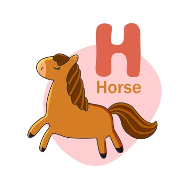Hayvanlar alfabesi. Beyaz arka planda izole edilmiş şirin bir at. Çocuklara yabancı dil öğretmek için vektör illüstrasyonu.